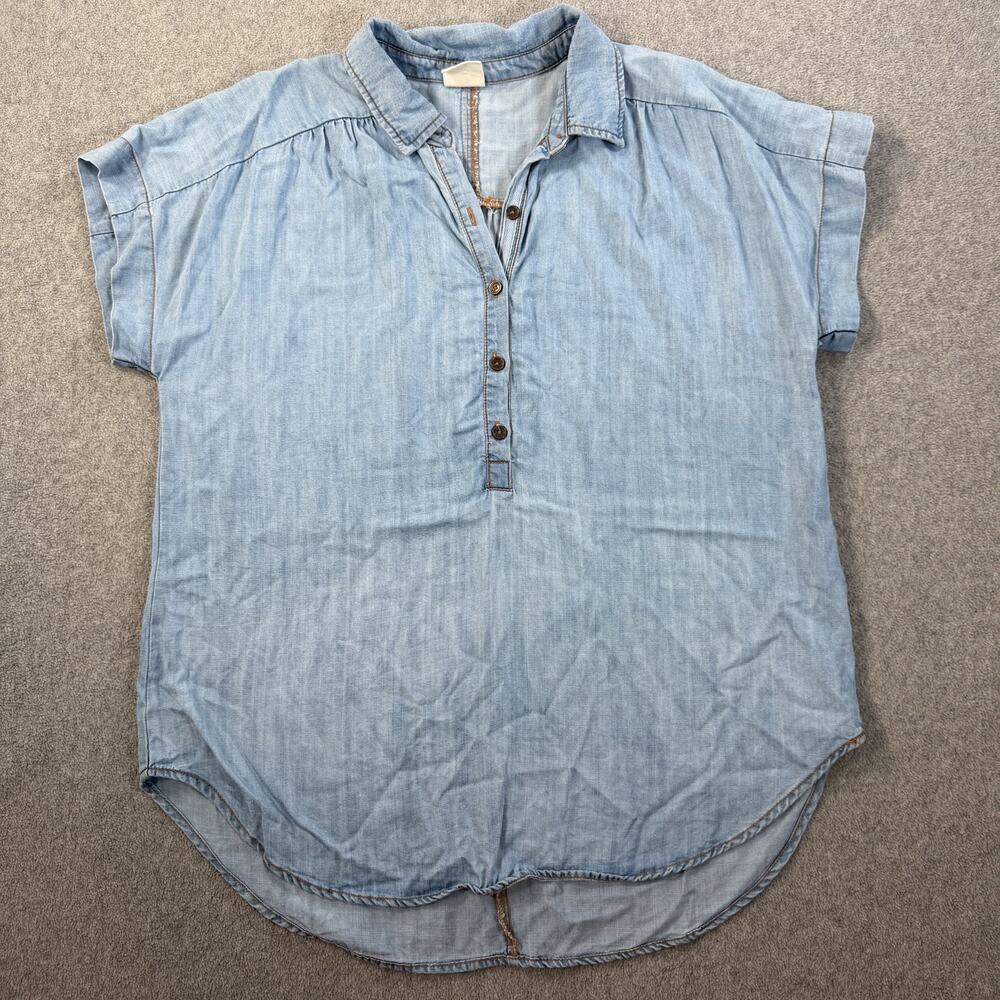 GOOD HART Women's Small Blue Chambray Tunic Top Blouse Collared Short Sleeve